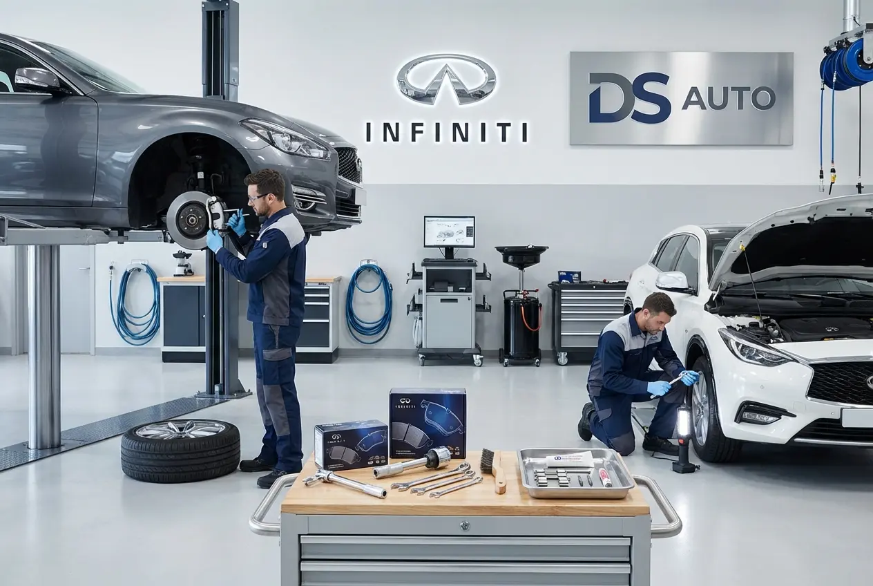 Процесс замены передних тормозных колодок Infiniti в автосервисе DS Auto в Жуковском
