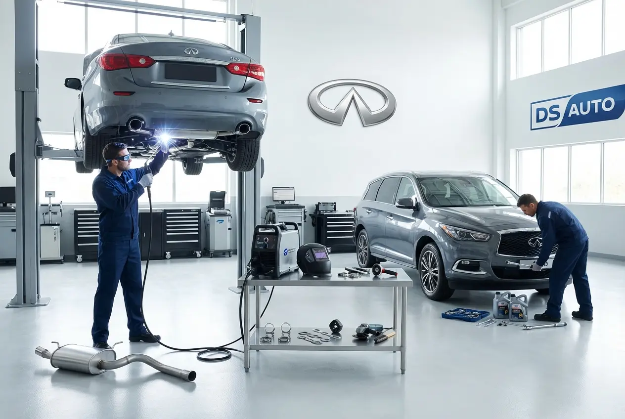 Ремонт глушителя с помощью сварки в автосервисе DS Auto Жуковский – качественное восстановление выхлопной системы Infiniti
