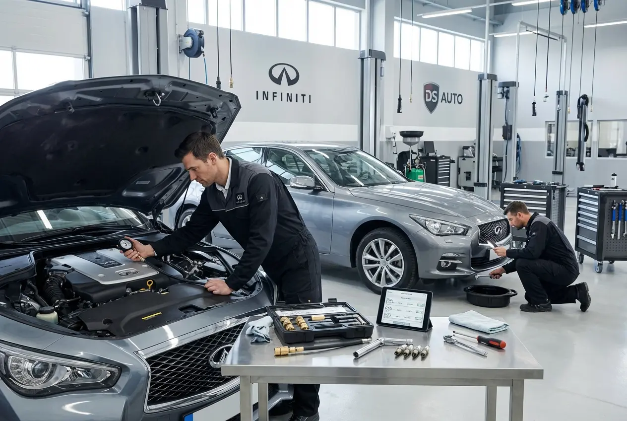 Процесс замера компрессии в двигателе Infiniti в автосервисе DS Auto в Жуковском
