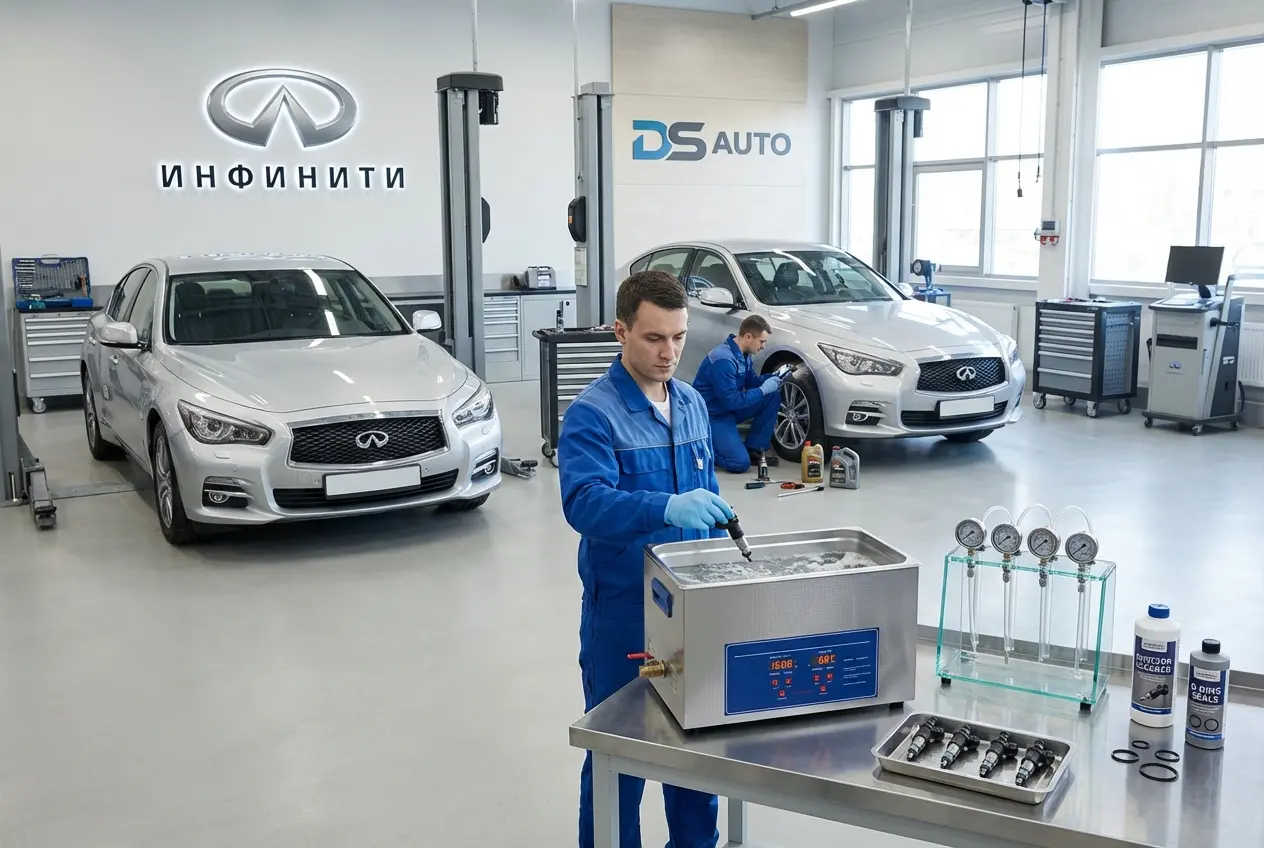 Топливные форсунки Infiniti на диагностическом стенде в автосервисе DS Auto в Жуковском — проверка и ультразвуковая чистка для бензиновых двигателей Инфинити
