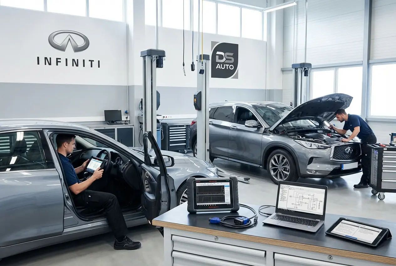 Диагностическое оборудование подключено к автомобилю Infiniti в автосервисе DS Auto Жуковский

